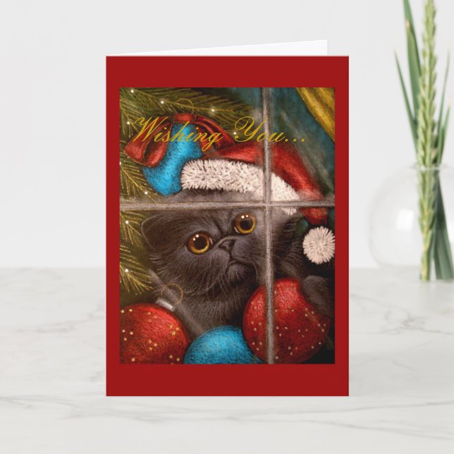 BLACK PERSIAN KITTEN CAT HOLIDAY Card (Front)
