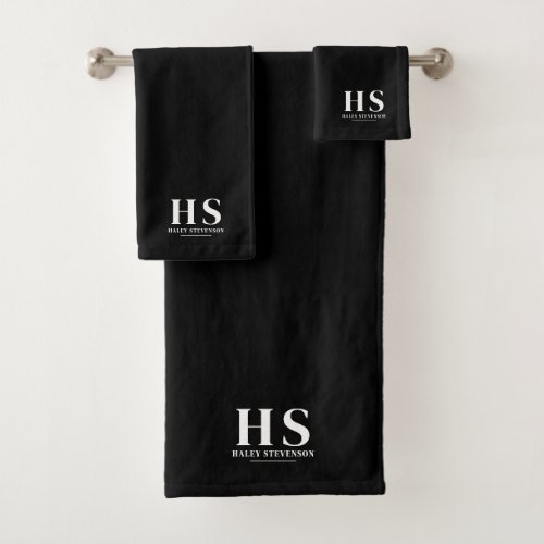 Black Personal Monogram Minimalist Script Chic Bath Towel Set