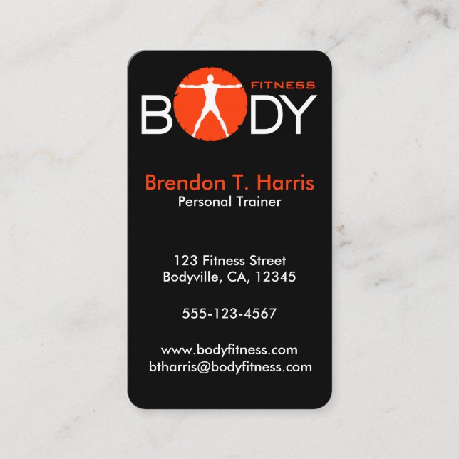 Black Personal Trainer Body Madness Vertical Business Card (Front)