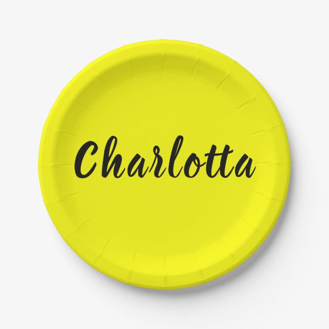 Black Personalize Name | Neon Yellow Color Paper Plates (Front)