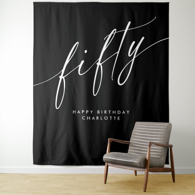 Black Personalized 50th Birthday Backdrop Tapestry (In Situ)