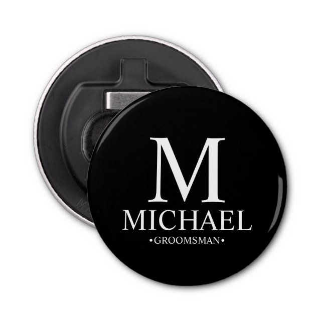 Black Personalized Groomsman Name and Monogram Bottle Opener (Front)