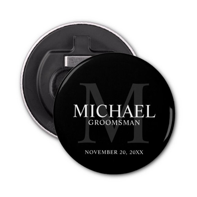 Black Personalized Groomsmen's name and monogram Bottle Opener (Front)