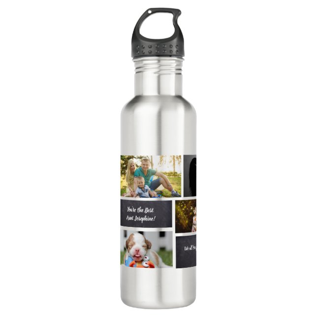 Black Personalized Modern Photo Collage auntie Stainless Steel Water Bottle (Front)