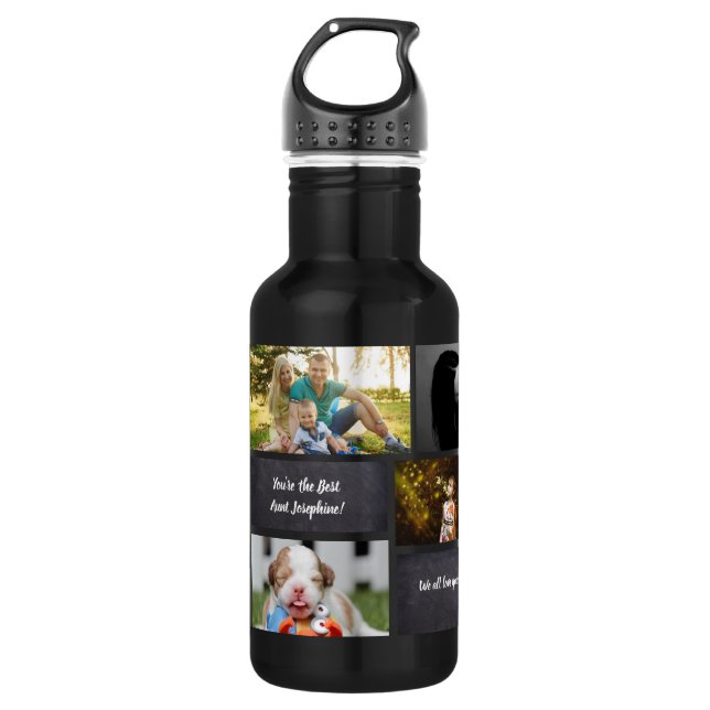 Black Personalized Modern Photo Collage Custom Stainless Steel Water Bottle (Front)