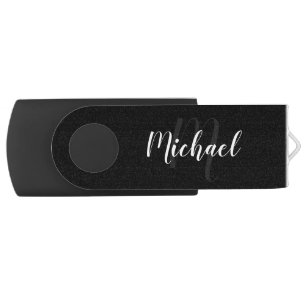 Black Personalized Modern Script Monogram and Name Flash Drive