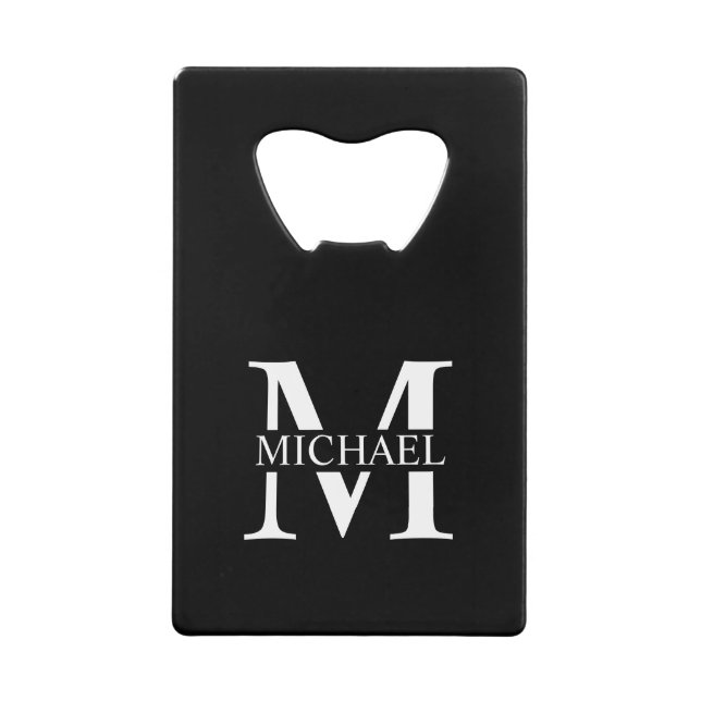 Black Personalized Monogram and Name Credit Card Bottle Opener (Front)