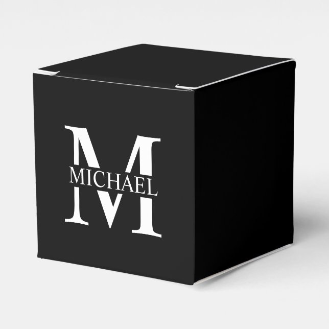 Black Personalized Monogram and Name Favor Boxes (Front Side)