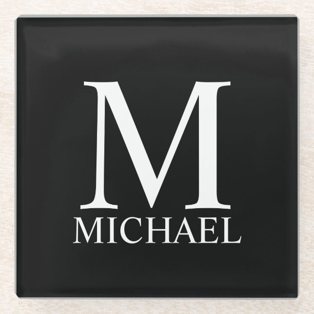 Black Personalized Monogram and Name Glass Coaster (Front)