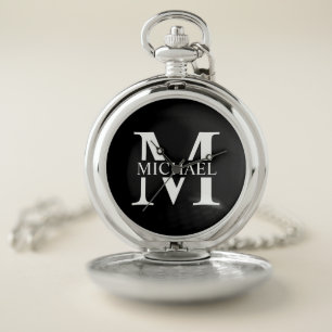 Black Personalized Monogram and Name Pocket Watch