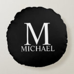 Black Personalized Monogram and Name Round Pillow<br><div class="desc">Personalized Monogram and Name Gift
features personalized monogram and name in white classic serif font style on black background.

Perfect as holiday gift,  family reunion favors,  housewarming gift,  wedding gift and gift for any special occasions.</div>