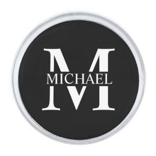 Black Personalized Monogram and Name Silver Finish Lapel Pin