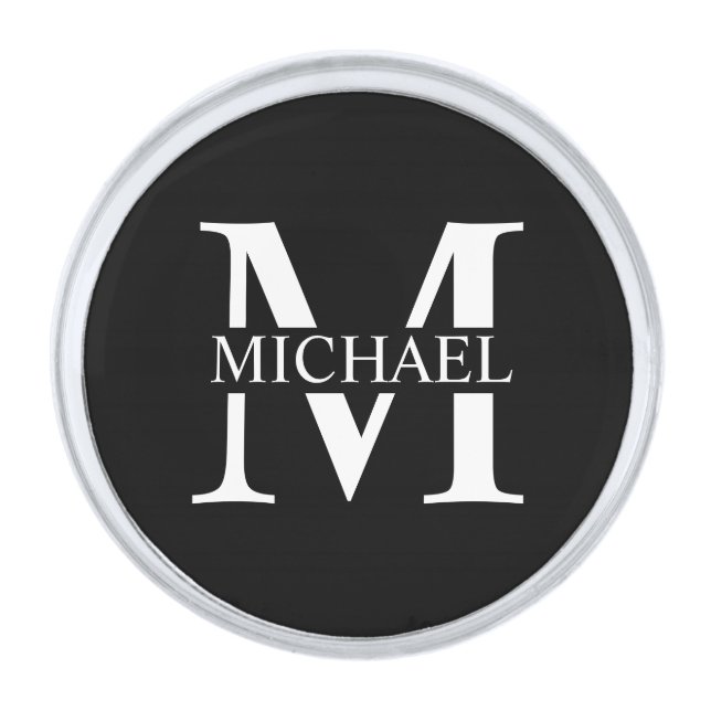 Black Personalized Monogram and Name Silver Finish Lapel Pin (Front)