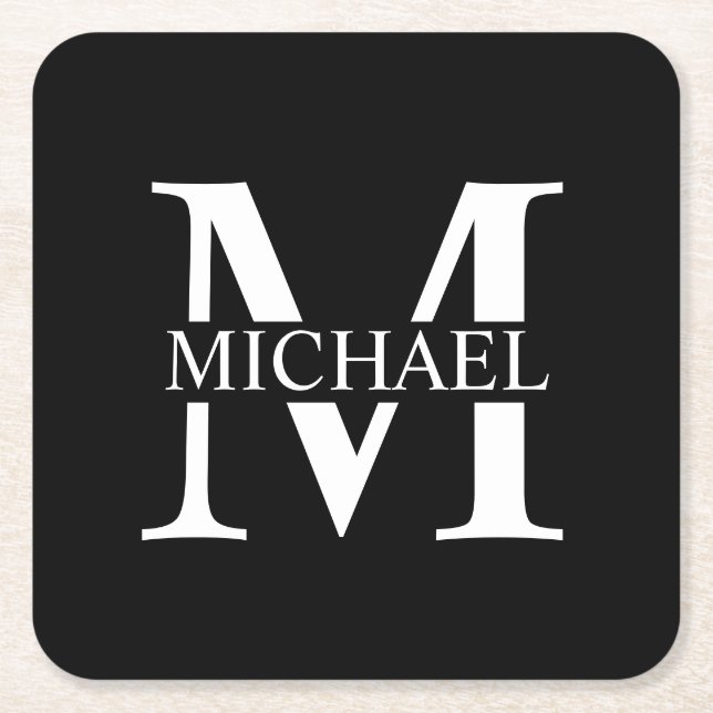Black Personalized Monogram and Name Square Paper Coaster (Front)