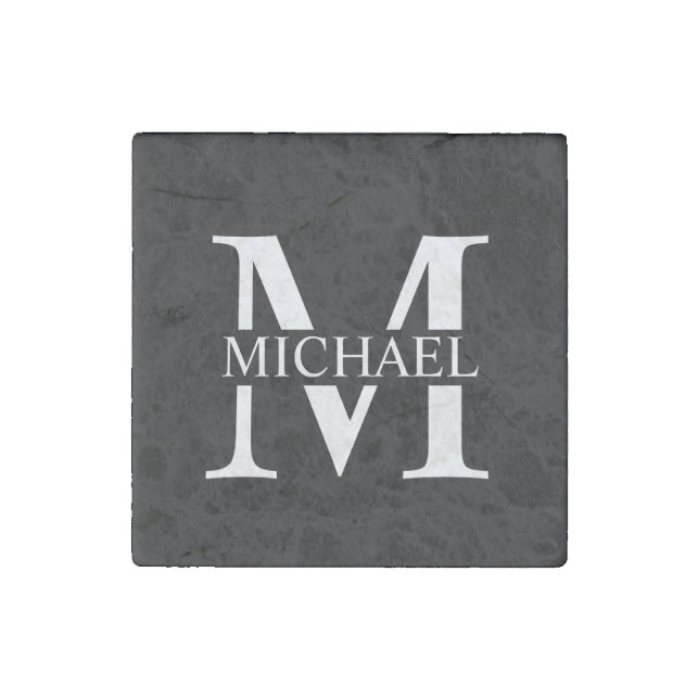 Black Personalized Monogram and Name Stone Magnet (Front)