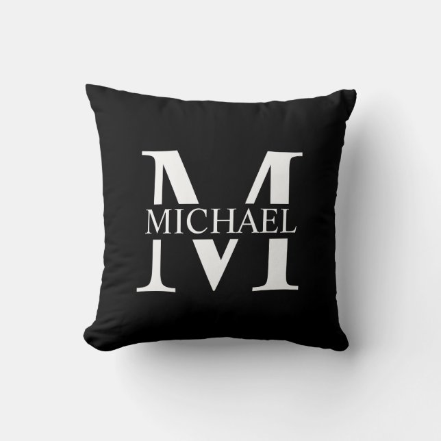 Black Personalized Monogram and Name Throw Pillow (Front)