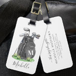 Black Personalized Monogram Golf Bag Luggage Tag<br><div class="desc">This cute monogram golf bag or luggage tag features a stylish black watercolor golf bag filled with clubs, surrounded by a touch of green grass. The design cleverly incorporates a simple serif font initial monogram on the bag, seamlessly blending into the design. Below the monogram, the full name is elegantly...</div>