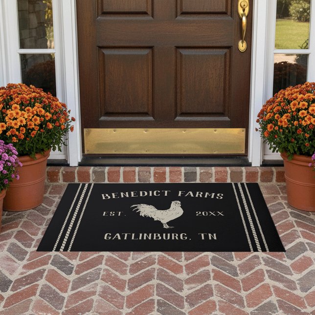Black | Personalized Rustic Farmhouse Rooster Doormat (Creator Uploaded)