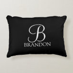 Black Personalized Script Monogram and Name Accent Pillow<br><div class="desc">Personalized Monogram and Name Gift
features personalized monogram in white classic script font style and name in white classic serif font style on black background.

Perfect as holiday gift,  family reunion favors,  housewarming gift,  wedding gift and gift for any special occasions.</div>