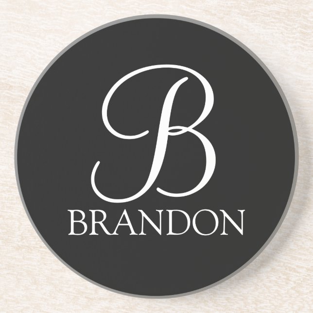 Black Personalized Script Monogram and Name Coaster (Front)