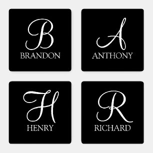Black Personalized Script Monogram and Name Coaster Set