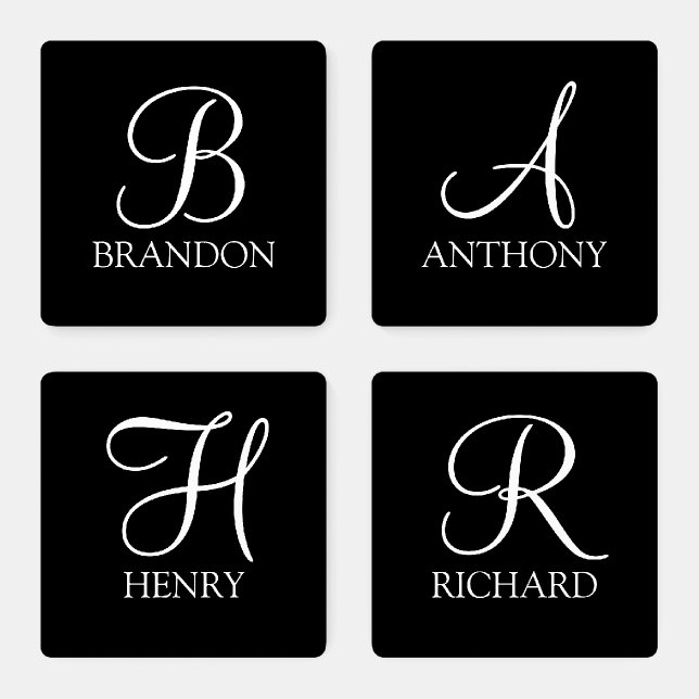 Black Personalized Script Monogram and Name Coaster Set (Set)