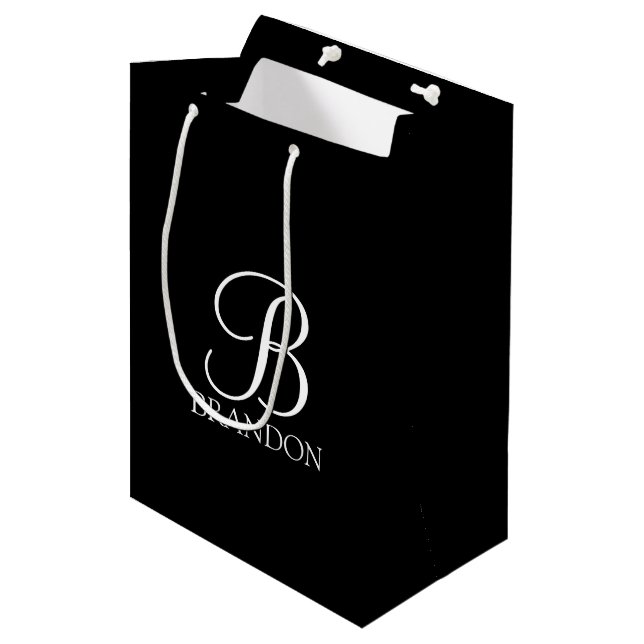 Black Personalized Script Monogram and Name Medium Gift Bag (Front Angled)