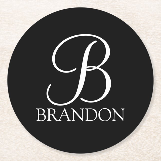 Black Personalized Script Monogram and Name Round Paper Coaster (Front)