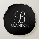 Black Personalized Script Monogram and Name Round Pillow<br><div class="desc">Personalized Monogram and Name Gift
features personalized monogram in white classic script font style and name in white classic serif font style on black background.

Perfect as holiday gift,  family reunion favors,  housewarming gift,  wedding gift and gift for any special occasions.</div>