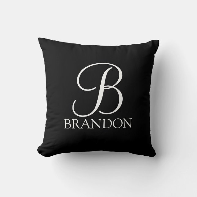 Black Personalized Script Monogram and Name Throw Pillow (Front)