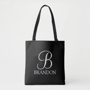 Black Personalized Script Monogram and Name Tote Bag