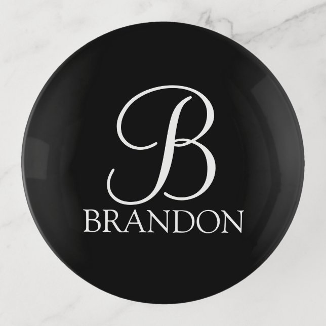 Black Personalized Script Monogram and Name Trinket Tray (Front)
