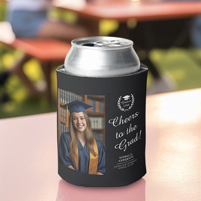 Black Personalized Two-Photo Graduation Emblem Can Cooler (Creator Uploaded)