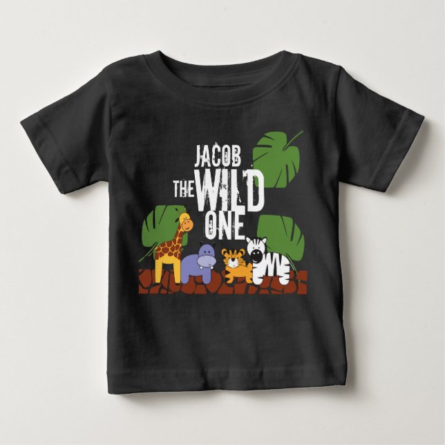 Black Personalized WILD ONE Safari First Birthday Baby T-Shirt (Front)