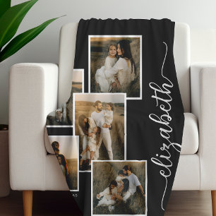Black Personalized With Name 5 Photo Collage  Fleece Blanket