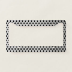 Black Pet Lover Paw Print Pattern   Silver License Plate Frame