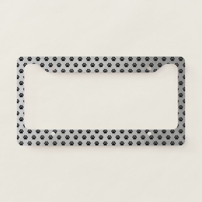 Black Pet Lover Paw Print Pattern | Silver License Plate Frame (Front)
