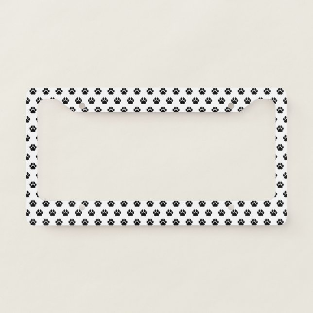 Black Pet Lover Paw Print Pattern | White License Plate Frame (Front)