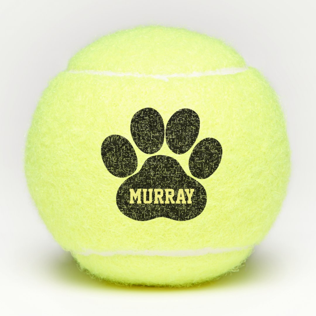 Black Pet Paw Print Personalized Name Toy Tennis Balls | Zazzle