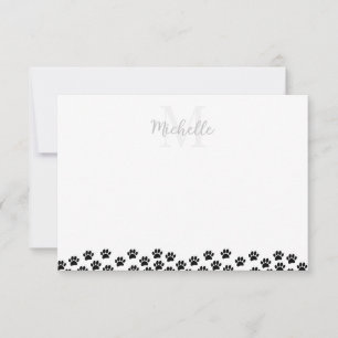 Black Pet Paw Prints Custom Monogram Cute  Note Card