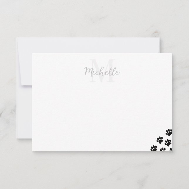 Black Pet Paw Prints Custom Monogram Simple  Note Card (Front)