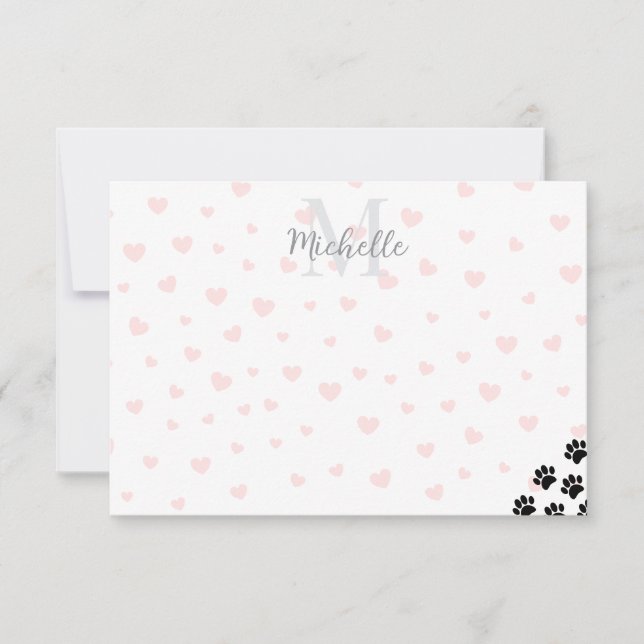 Black Pet Paw Prints Custom Monogram Simple  Note Card (Front)