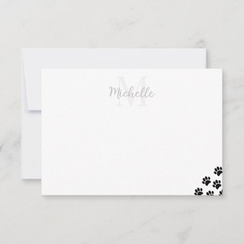 Black Pet Paw Prints Custom Monogram Simple Pet Note Card