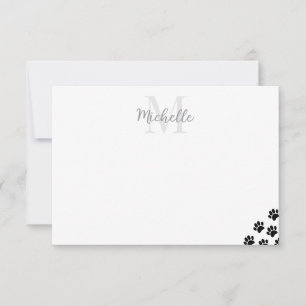 Black Pet Paw Prints Editable Monogram Simple Note Card