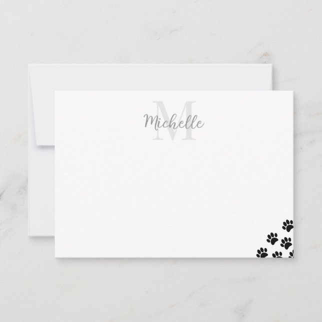 Black Pet Paw Prints Editable Monogram Simple  Note Card (Front)