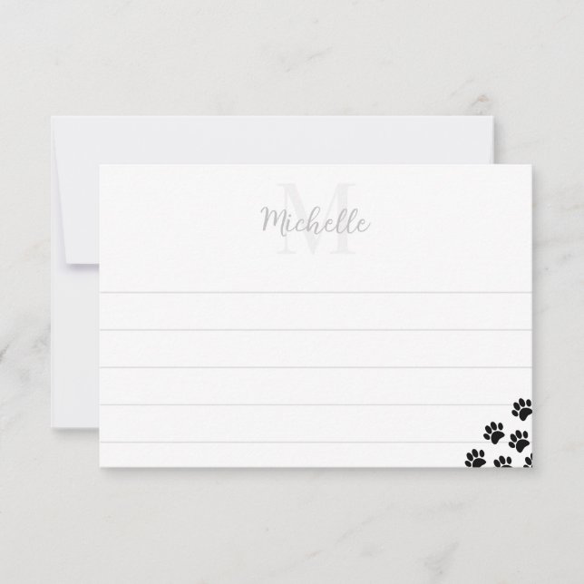 Black Pet Paw Prints Monogram With Lines  Note Card (Front)