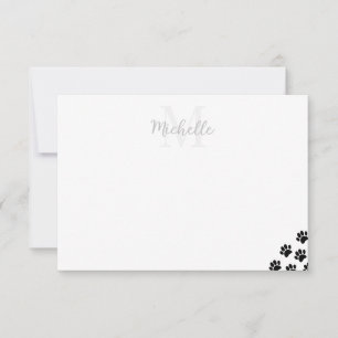 Black Pet Paw Prints Simple Monogrammed  Note Card