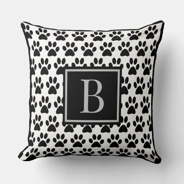 Black Pet Paw Prints with Monogram Initial Throw Pillow (Front)