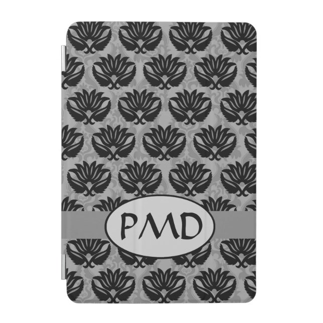 Black Pewter and Gray Modern Damask Monogram iPad Mini Cover (Front)