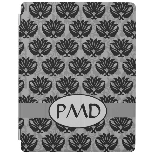 Black Pewter and Gray Modern Damask Monogram iPad Smart Cover (Front)